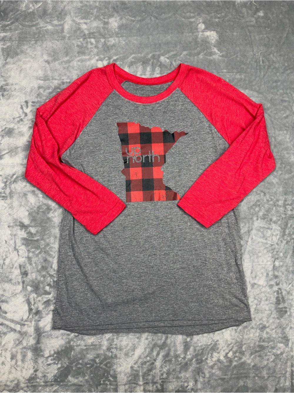 Women’s Gray & Red Raglan Long Sleeve Tee with Buffalo Plaid Graphic